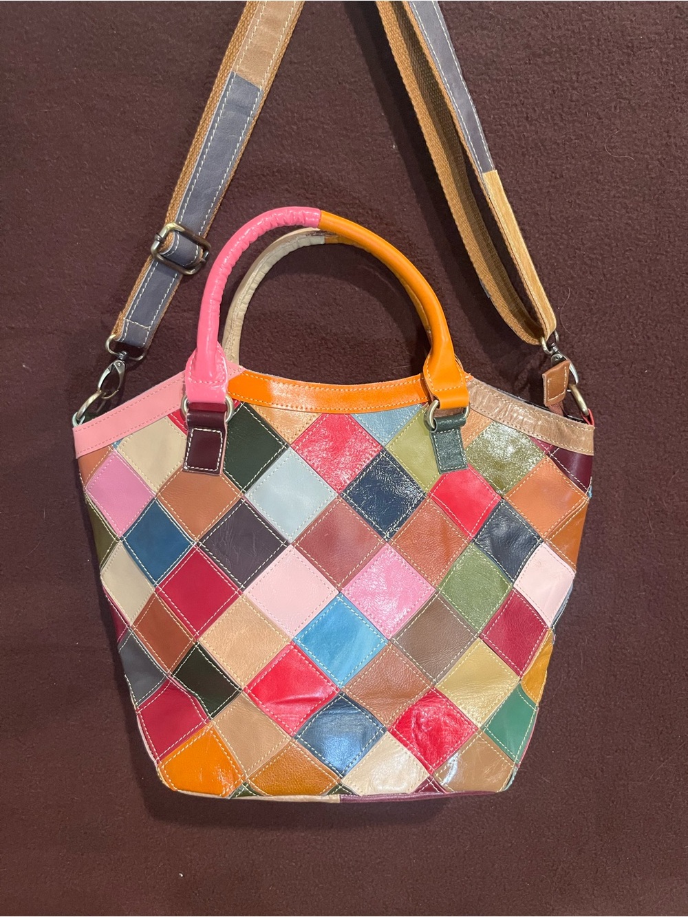 Multicolor Patchwork Leather Tote Hobo Bag - Bright Patchwork Design NWOT